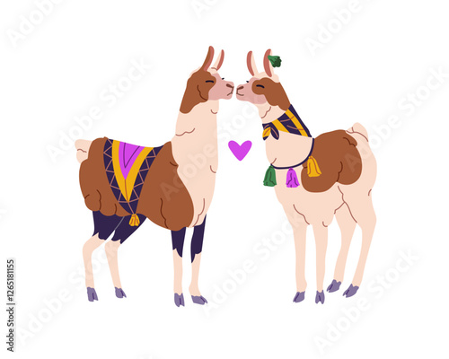 Cute couple of llama kisses. Happy lamas, alpacas in romantic relationships love each other. Fluffy characters wear traditional Mexican clothes together. Flat isolated vector illustration on white