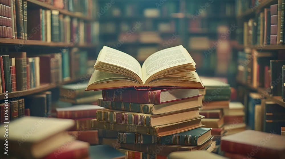 A stack of books with an open book on top, with a background of shelves in a library or school library. The focus is sharp and detailed, capturing the depth and texture of each page of text and cover. A stack of books with an open book on top, with a background of shelves in a library or school library. The focus is sharp and detailed, capturing the depth and texture of each page of text and cover.