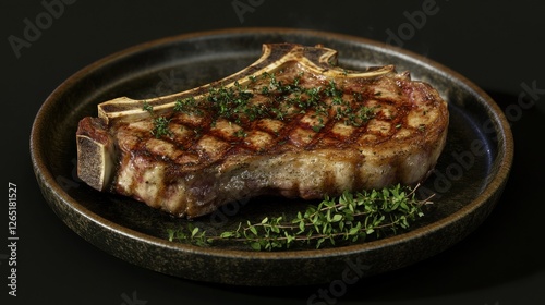 erfectly grilled T-bone steak adorned with herbs photo