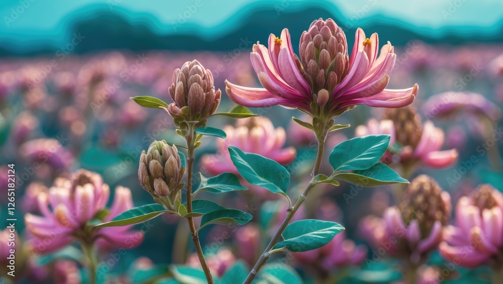 Pink flowering plants in a vibrant field with soft focus background and lush green leaves showcasing natural beauty and tranquility Pink flowering plants in a vibrant field with soft focus background and lush green leaves showcasing natural beauty and tranquility