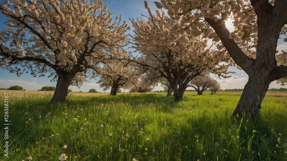 Blossoming cherry trees in a vibrant green field during springtime under a clear blue sky with sunlight filtering through the branches Copy Space Blossoming cherry trees in a vibrant green field during springtime under a clear blue sky with sunlight filtering through the branches Copy Space
