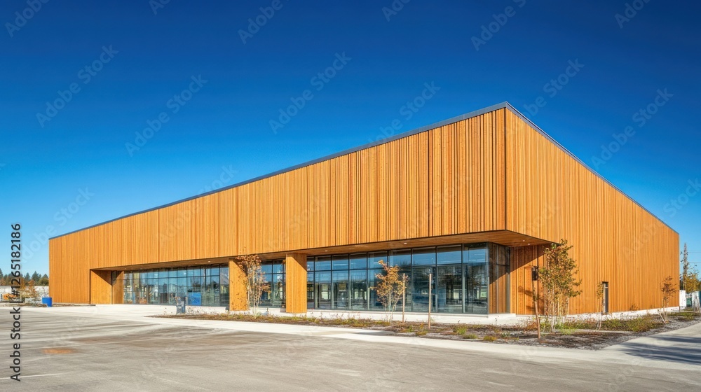 Modern, light-tan wooden building exterior, parking lot, clear blue sky Modern, light-tan wooden building exterior, parking lot, clear blue sky