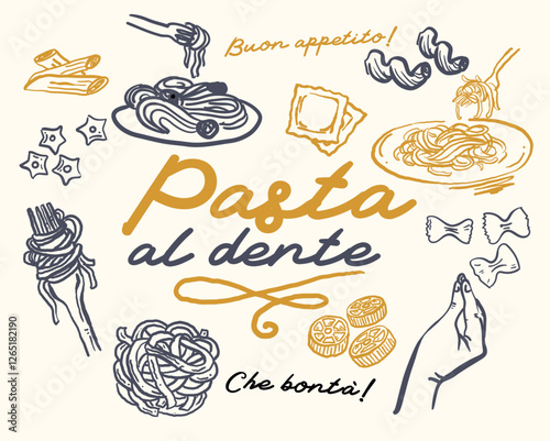 Pasta al dente whimsical set, hand drawn itaian food illustration set