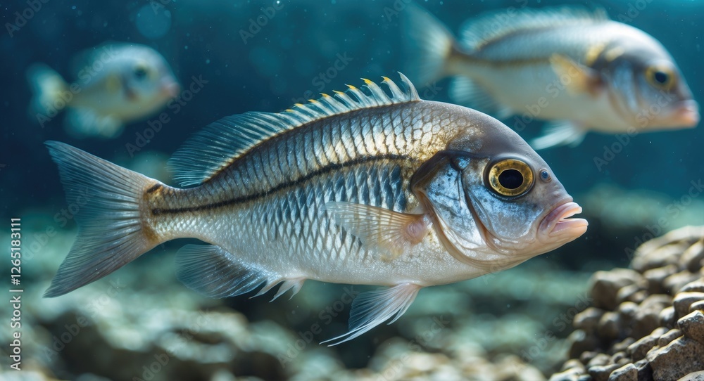 Close-up of Mediterranean fish swimming underwater with blurred background and visible details of scales and fins. Copy Space