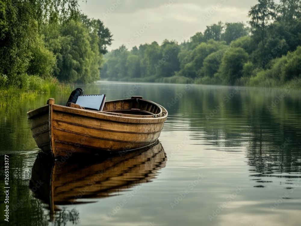 Obraz premium Wooden rowboat notepad tranquil river scene