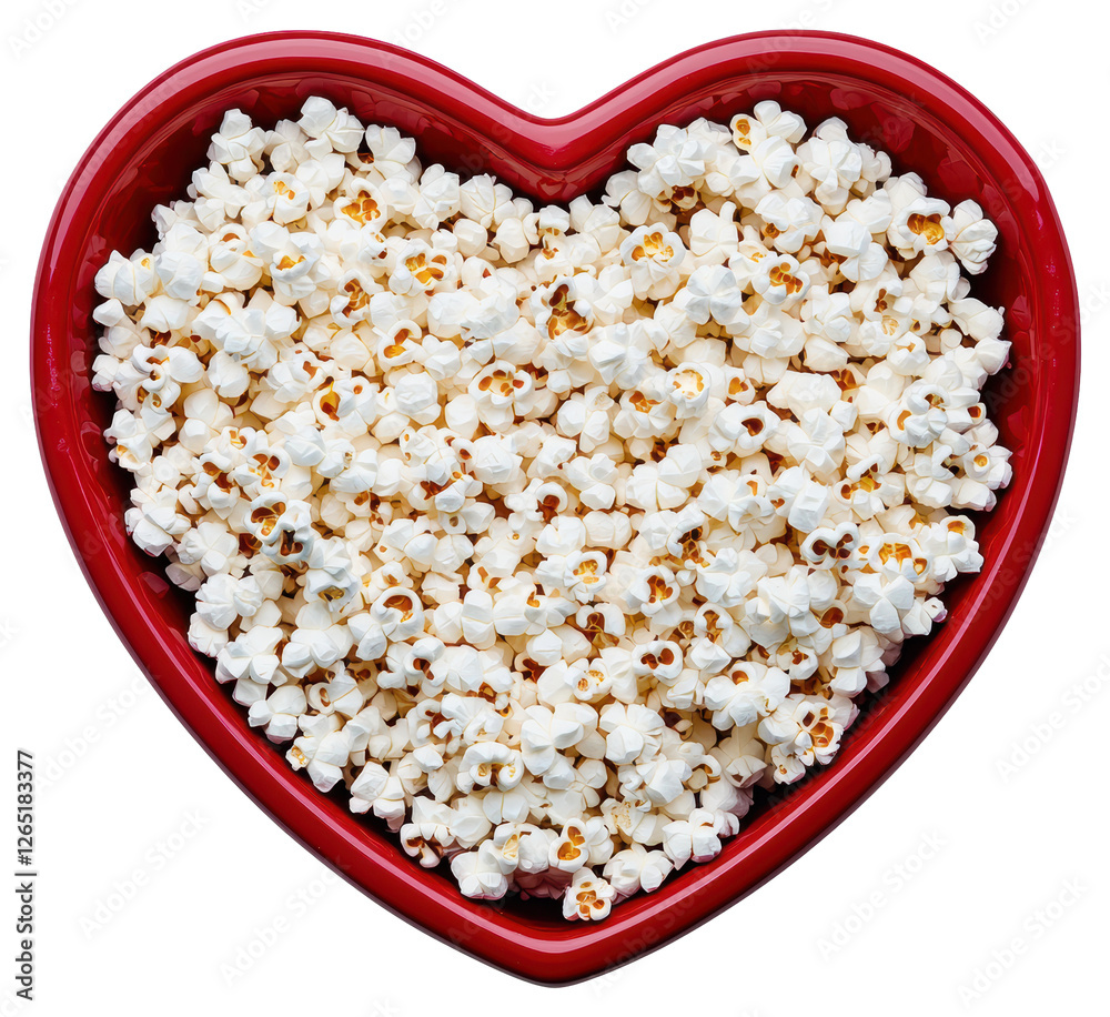 Heart Shaped Red Bowl Full of Popcorn on a Transparent Background Top Down View Heart Shaped Red Bowl Full of Popcorn on a Transparent Background Top Down View