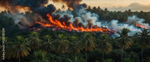 Forest fire at sunset with smoke and flames visible above palm trees in a tropical landscape. Copy Space