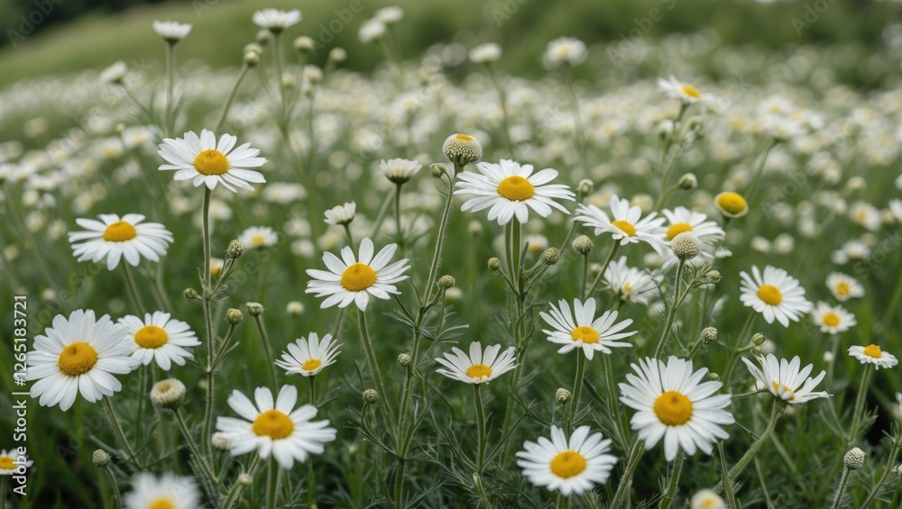 Field of white daisies in bloom with green foliage, capturing the beauty of nature during spring season, Copy Space available. Field of white daisies in bloom with green foliage, capturing the beauty of nature during spring season, Copy Space available.