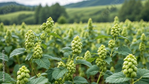 Hops plants growing in a lush green field with mountainous background and cloudy sky showcasing agricultural landscapeCopy Space photo