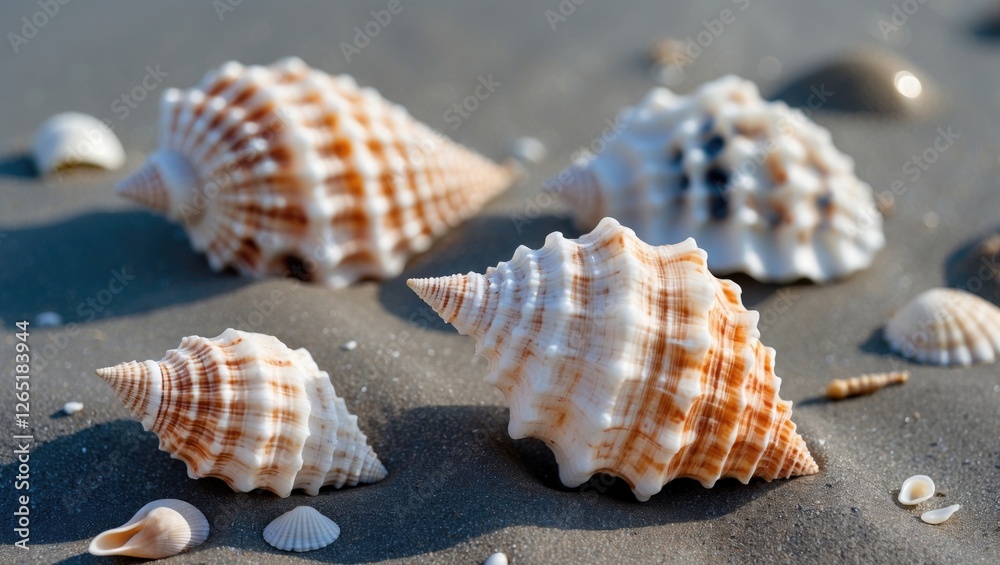 Various shells on sandy beach surface with shallow depth of field and natural sunlight showcasing their textures and colors Copy Space Various shells on sandy beach surface with shallow depth of field and natural sunlight showcasing their textures and colors Copy Space