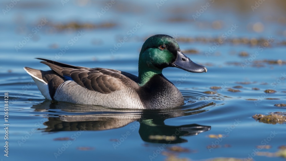 Male American Black Duck swimming on a calm lake with clear reflections in water and aquatic plants visible in the background. Male American Black Duck swimming on a calm lake with clear reflections in water and aquatic plants visible in the background.