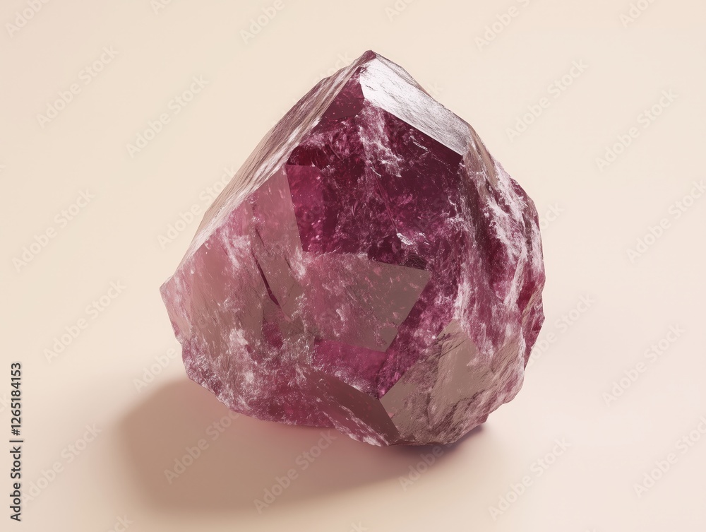 Raw purple gemstone on a neutral background, showcasing its natural facets and subtle texture. Raw purple gemstone on a neutral background, showcasing its natural facets and subtle texture.