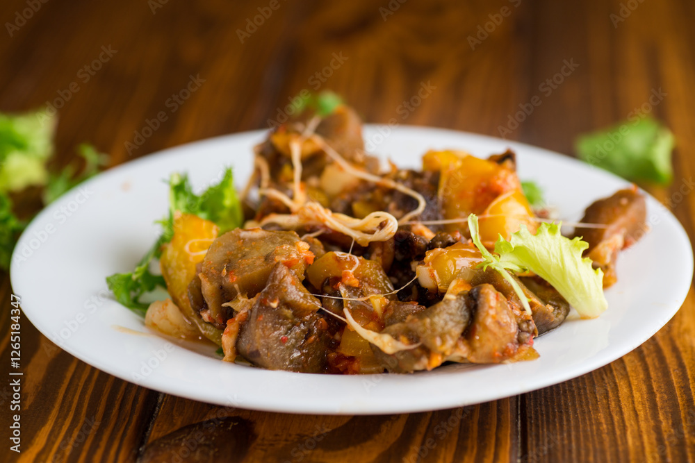 vegetable stew with eggplants, on a wooden table vegetable stew with eggplants, on a wooden table