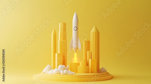 Minimalist Yellow Cityscape with Rocket Launch, A minimalist yellow cityscape with a white rocket launching, surrounded by stylized buildings and clouds