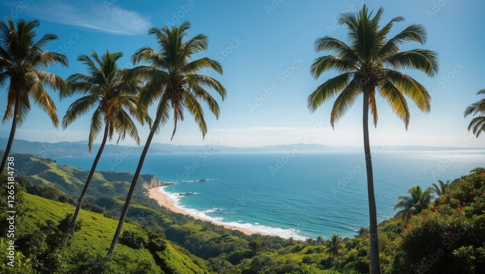 Tropical coastal landscape with palm trees overlooking the ocean and sandy beach under a clear blue sky Copy Space Tropical coastal landscape with palm trees overlooking the ocean and sandy beach under a clear blue sky Copy Space