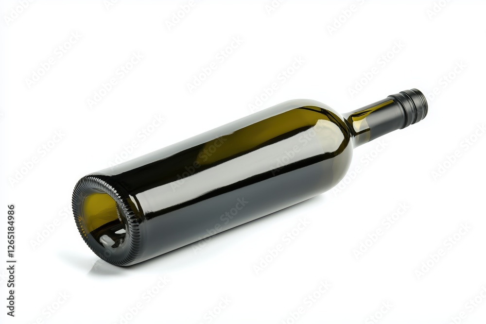 A sleek, dark green wine bottle lying horizontally on a white surface. A sleek, dark green wine bottle lying horizontally on a white surface.