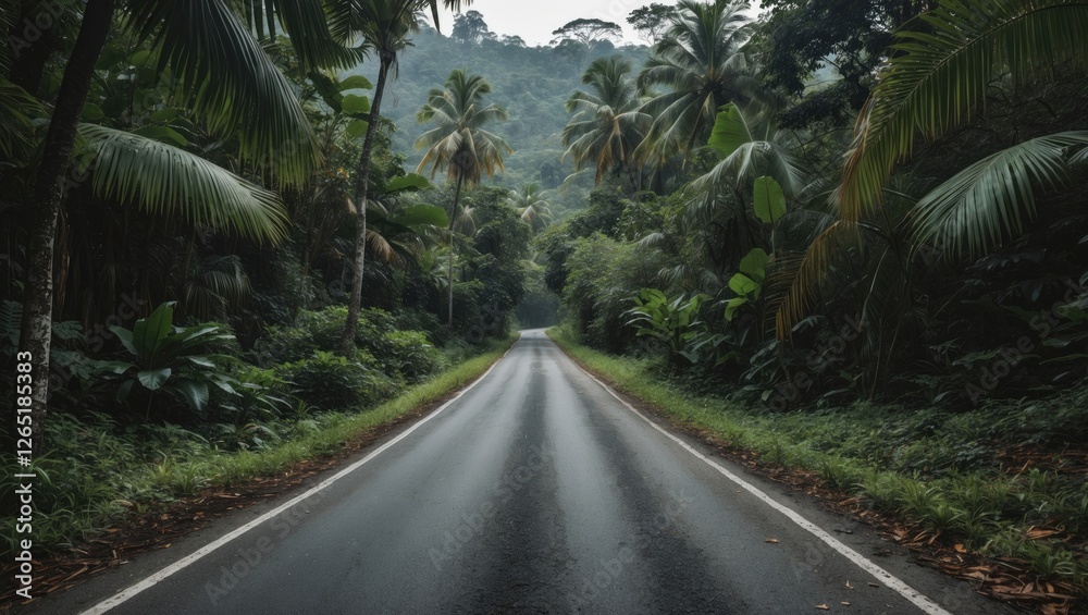 Tropical road surrounded by lush greenery and palm trees in a dense forest with mist covering the mountains in the background Copy Space Tropical road surrounded by lush greenery and palm trees in a dense forest with mist covering the mountains in the background Copy Space