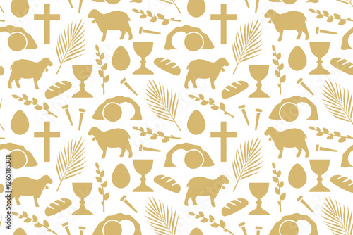 easter, Holy Week golden seamless pattern with palm leaf, holy communion chalice, nails, lamb, egg, catkins and Jesus tomb   - vector illustration
