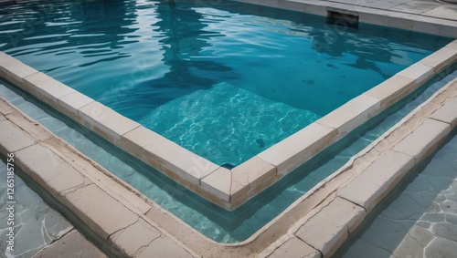 Corner of a swimming pool with clear blue water and stone edges reflecting sunlight with geometric design and pool tiles visible. Copy Space photo