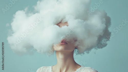 Woman with her head in a cloud. Brain fog, menopause memory loss, anxiety concept.