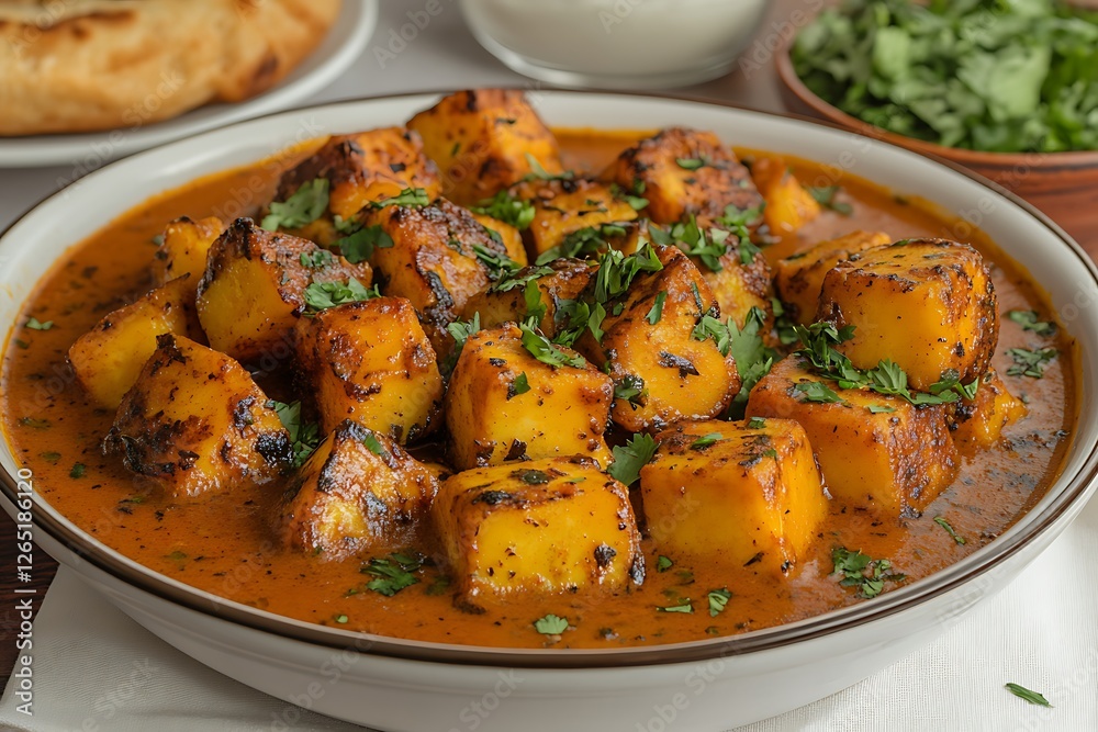 Delicious bowl of flavorful paneer curry garnished with fresh herbs, served with bread and sides Delicious bowl of flavorful paneer curry garnished with fresh herbs, served with bread and sides