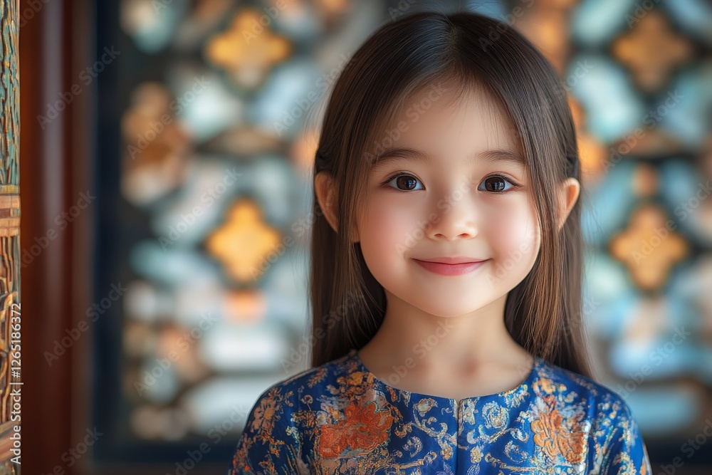 Young girl smiles brightly in traditional dress against a vibrant ornate background in a cultural setting Young girl smiles brightly in traditional dress against a vibrant ornate background in a cultural setting