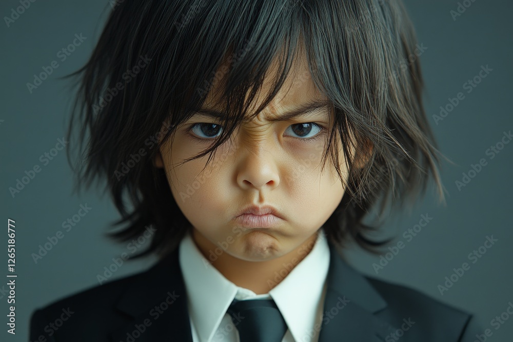 Young boy in formal suit displays a serious expression during a studio photoshoot Young boy in formal suit displays a serious expression during a studio photoshoot