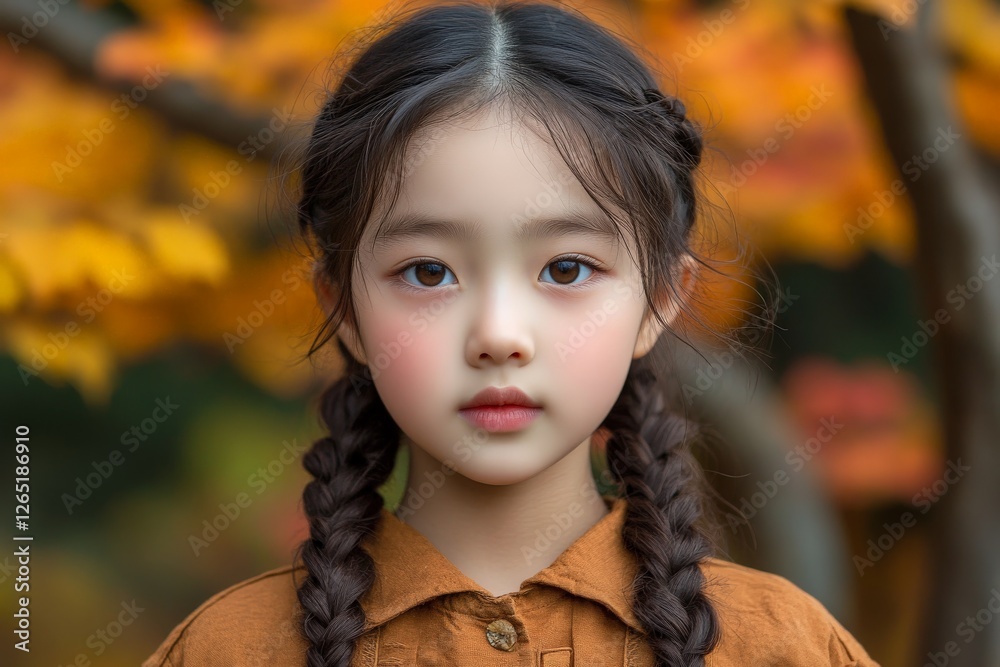 Young girl with braids stands amidst vibrant autumn foliage in the park, capturing a serene moment of nature's beauty Young girl with braids stands amidst vibrant autumn foliage in the park, capturing a serene moment of nature's beauty