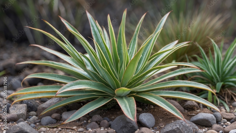 Green succulent plant with spiky leaves growing on rocky ground in natural setting surrounded by blurred vegetation. Copy Space Green succulent plant with spiky leaves growing on rocky ground in natural setting surrounded by blurred vegetation. Copy Space