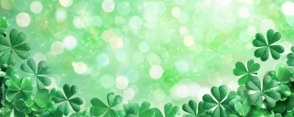 A vibrant green background adorned with clovers and bokeh lights, creating a festive and cheerful atmosphere. A vibrant green background adorned with clovers and bokeh lights, creating a festive and cheerful atmosphere.