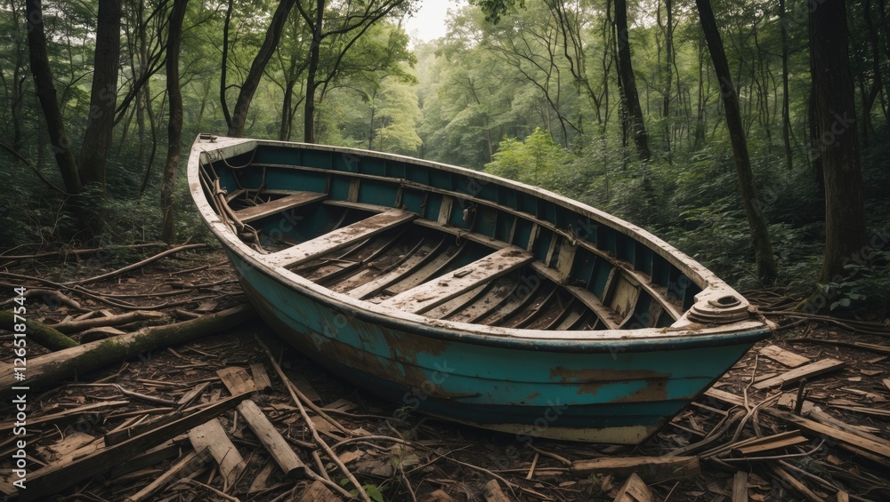 Abandoned wooden boat in a lush green forest surrounded by trees and fallen leaves with Copy Space for text placement Abandoned wooden boat in a lush green forest surrounded by trees and fallen leaves with Copy Space for text placement