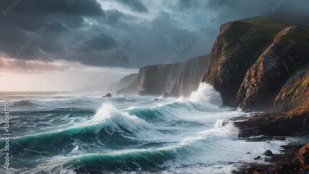 dramatic coastal scene with crashing waves and moody skies dramatic coastal scene with crashing waves and moody skies