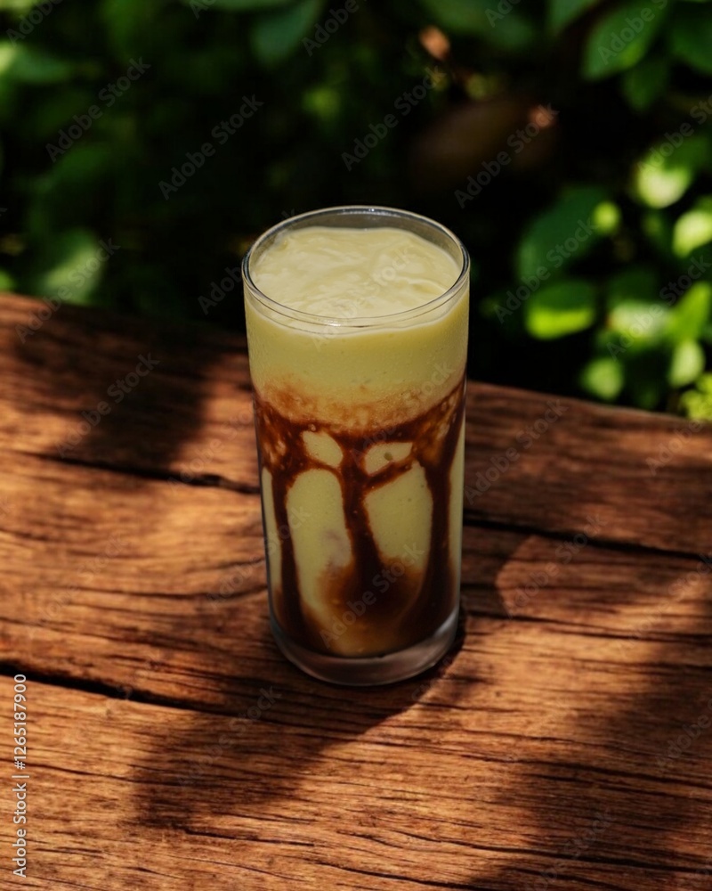 Avocado juice topped with chocolate sauce served on a wooden table with a garden view. Avocado juice topped with chocolate sauce served on a wooden table with a garden view.