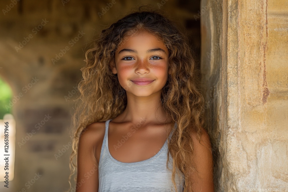 Fototapeta premium Beautiful girl with curly hair smiles warmly while standing against a rustic wall in bright sunlight