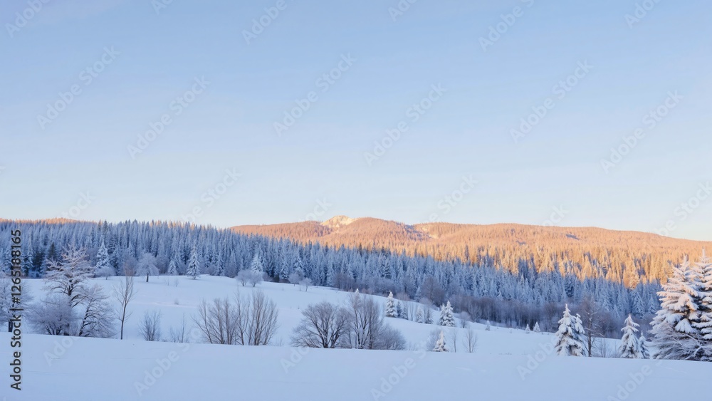 Serene Winter Landscape Snow-Covered Forest and Mountain Range at Sunrise Serene Winter Landscape Snow-Covered Forest and Mountain Range at Sunrise