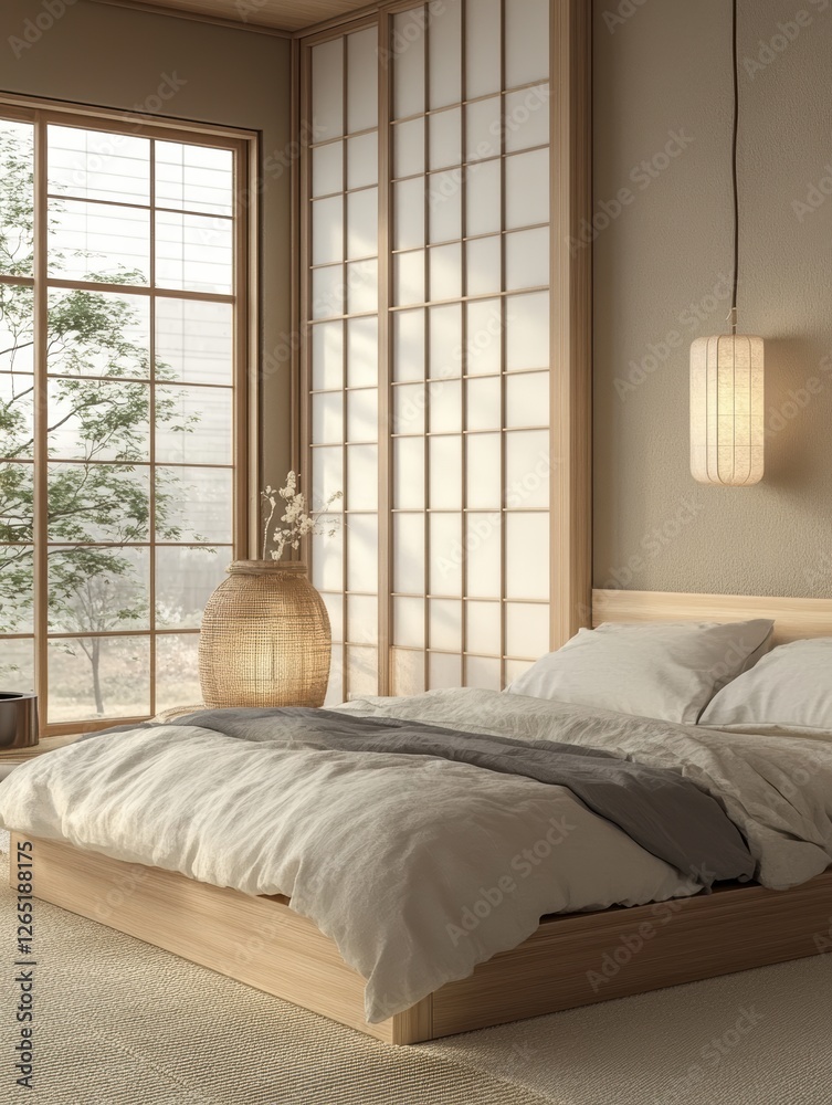 Fototapeta premium Peaceful zen bedroom with natural light and minimalist design