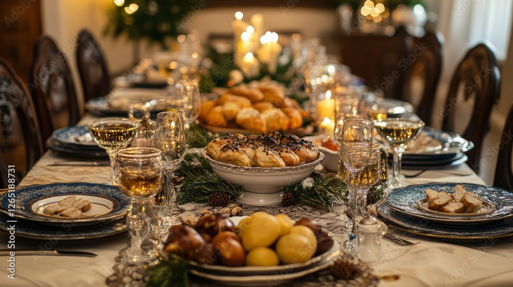 Naklejka premium A beautifully laid out Hanukkah dinner table, with guests ready to feast 