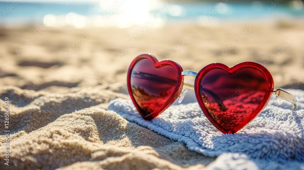Heart Shaped Sunglasses on Beach Towel Heart Shaped Sunglasses on Beach Towel