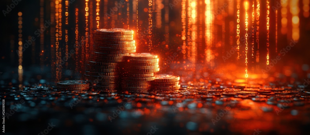 Obraz premium Glowing coin stacks on dark background with digital rain.