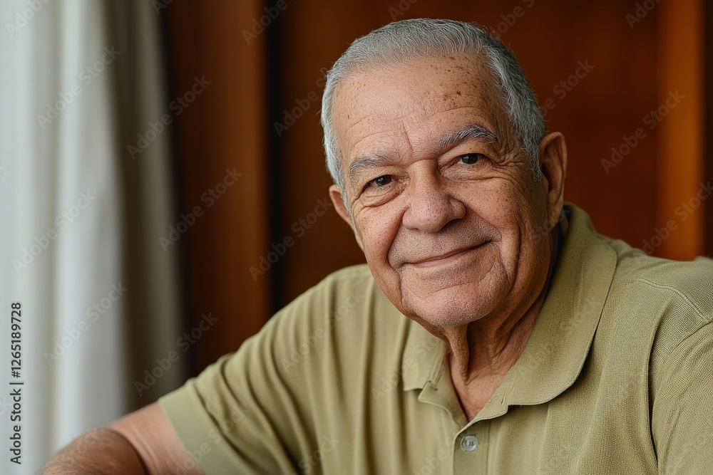 Senior man smiling warmly while seated indoors, showcasing a joyful moment captured in a comfortable setting Senior man smiling warmly while seated indoors, showcasing a joyful moment captured in a comfortable setting