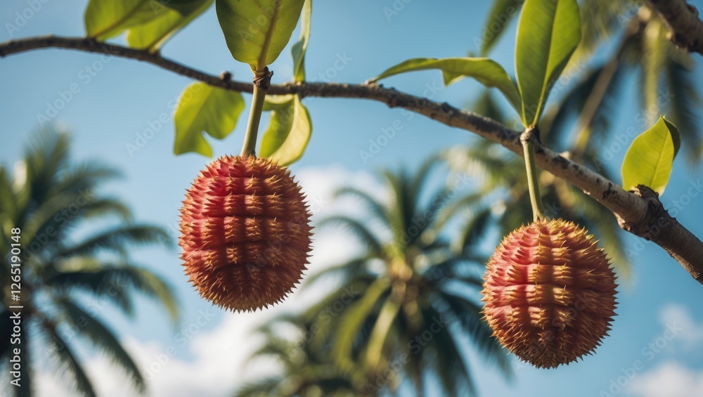 Red spiky fruits hanging on a branch against a backdrop of palm trees and blue sky with Copy Space Red spiky fruits hanging on a branch against a backdrop of palm trees and blue sky with Copy Space