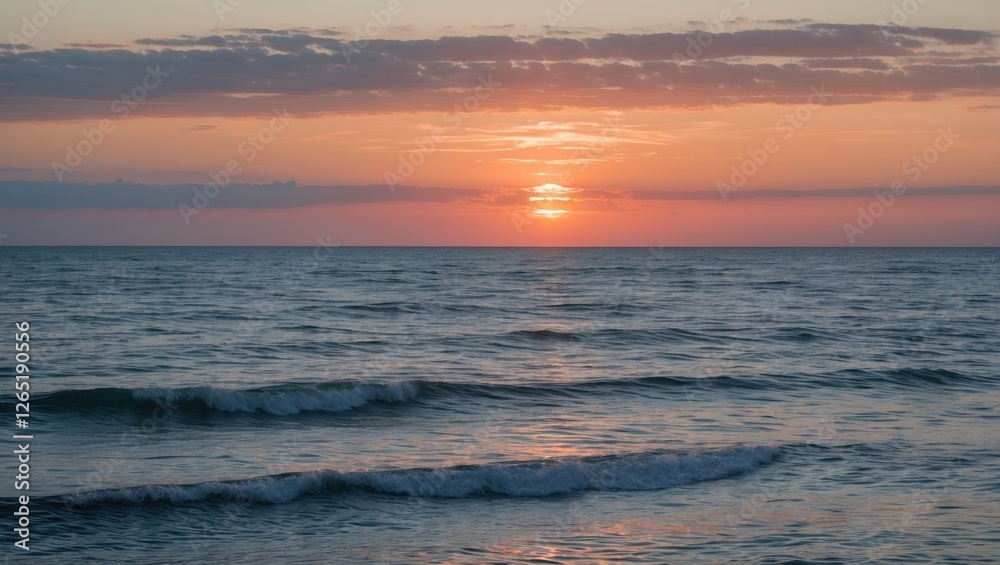 Tranquil ocean sunset with gentle waves and colorful sky reflecting on water surface ideal for relaxation themes Copy Space Tranquil ocean sunset with gentle waves and colorful sky reflecting on water surface ideal for relaxation themes Copy Space