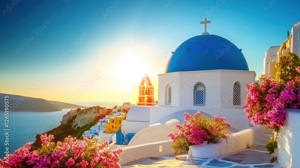 Obraz premium Santorini's Iconic Blue Dome Church at Sunrise in Oia, Greece