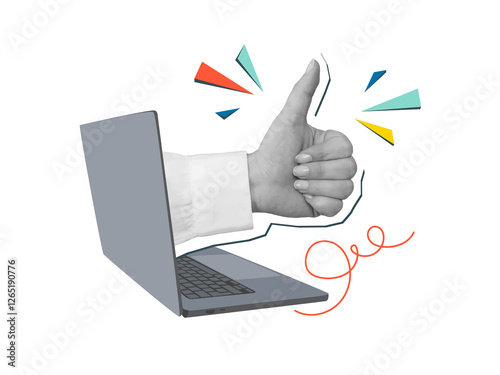 A hand with a thumb up comes out of a laptop monitor. Symbol of approval. Modern photo collage style. Illustration on transparent background photo