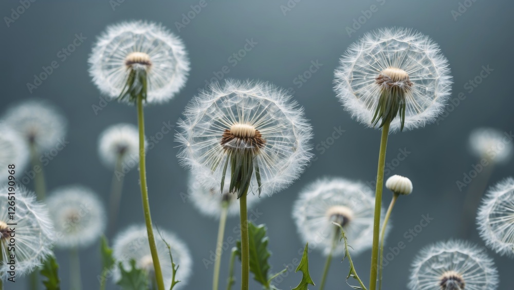 Dandelion seed heads in a natural setting with soft blurred background and green foliage Copy Space Dandelion seed heads in a natural setting with soft blurred background and green foliage Copy Space