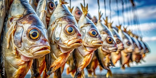 Salted Fish Drying - Tilt-Shift Close-up, Gray Sky photo