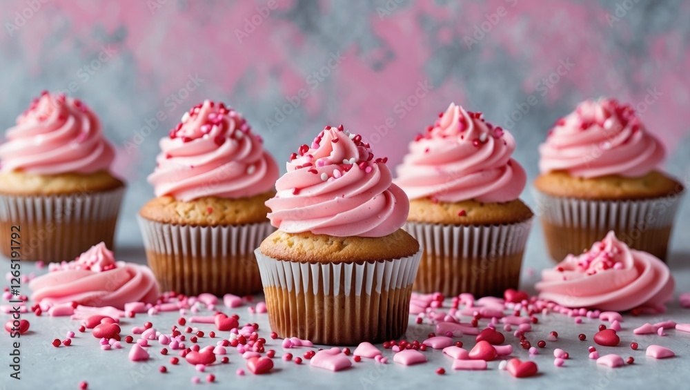 Pink frosted cupcakes with heart-shaped sprinkles arranged on a gray background with scattered pink decorations and room for text Copy Space Pink frosted cupcakes with heart-shaped sprinkles arranged on a gray background with scattered pink decorations and room for text Copy Space