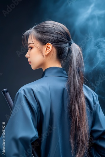 Young Woman in Traditional Outfit with Ponytail Posing Mysteriously Against Smoke Background photo