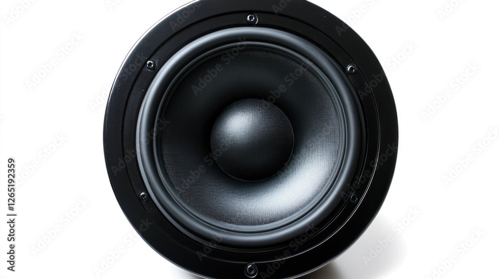 Black speaker cone close-up, audio equipment, white background, studio shot, product photography Black speaker cone close-up, audio equipment, white background, studio shot, product photography