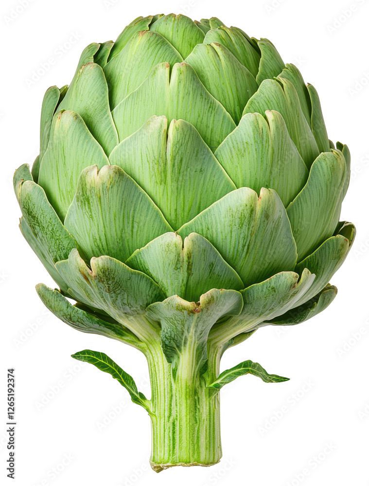 Fototapeta premium Single Green Artichoke Plant with Textured Leaves and Stem on Black Isolated Background